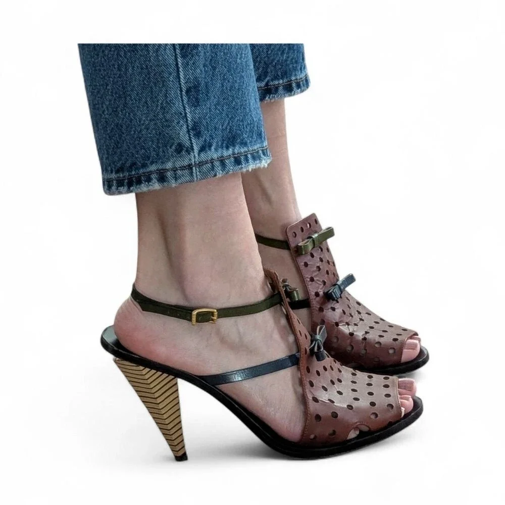 Fendi Perforated Leather Bow Slingback Heels Architectural Cone Heel